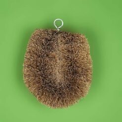 coconut tawashi cleaning brush with metal hanging loop and dense coir bristles on a green background