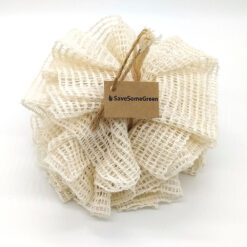 Cream ramie bath puff with Save Some Green tag on a white background