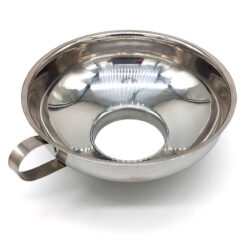 large stainless steel jam funnel with handle on white background
