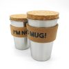 I’m No Mug plastic free stainless steel reusable coffee cups regular and large sizes with cork lid and cork sleeve