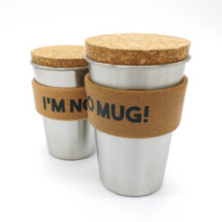 I’m No Mug plastic free stainless steel reusable coffee cups regular and large sizes with cork lid and cork sleeve