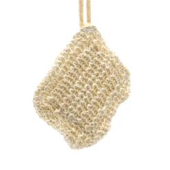 Sisal facial scrubby with hanging loop shown against a plain background