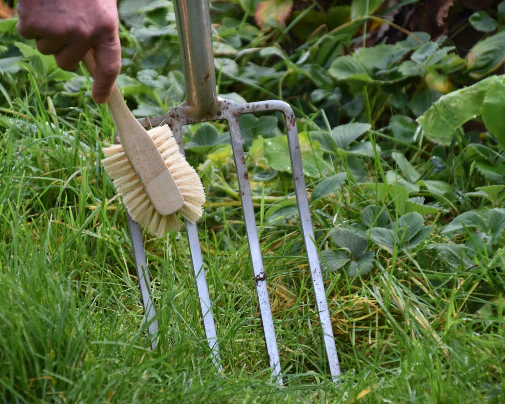 Bamboo and sisal fan brush cleaning garden forks as a practical plastic-free cleaning swap