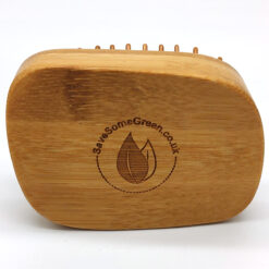 Back view of chunky bamboo hair brush with Save Some Green logo on a white background
