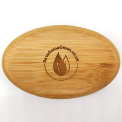 Back of oval bamboo hair brush with Save Some Green logo on a white background