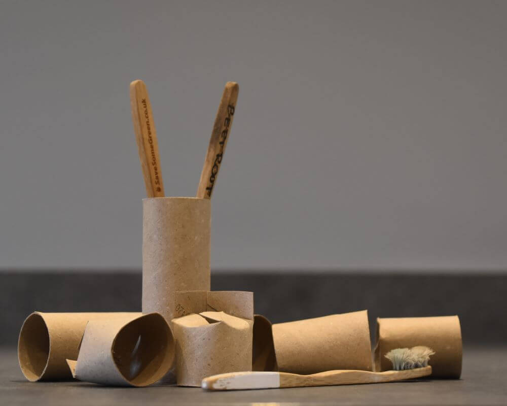 image of used bamboo toothbrushes and empty toilet paper rolls