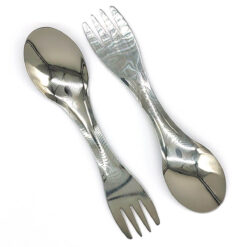 Two shiny, metal sporks on a white background. One spork shows the spoon side up, while the other shows the fork side, highlighting their dual functionality.