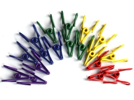 Colourful plastic-coated stainless steel rainbow clothes pegs