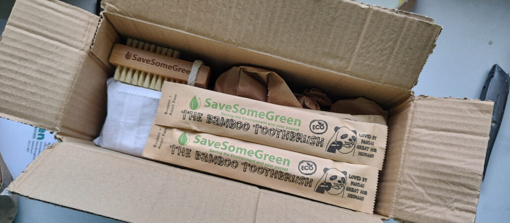 A freshly packed order in a recycled box