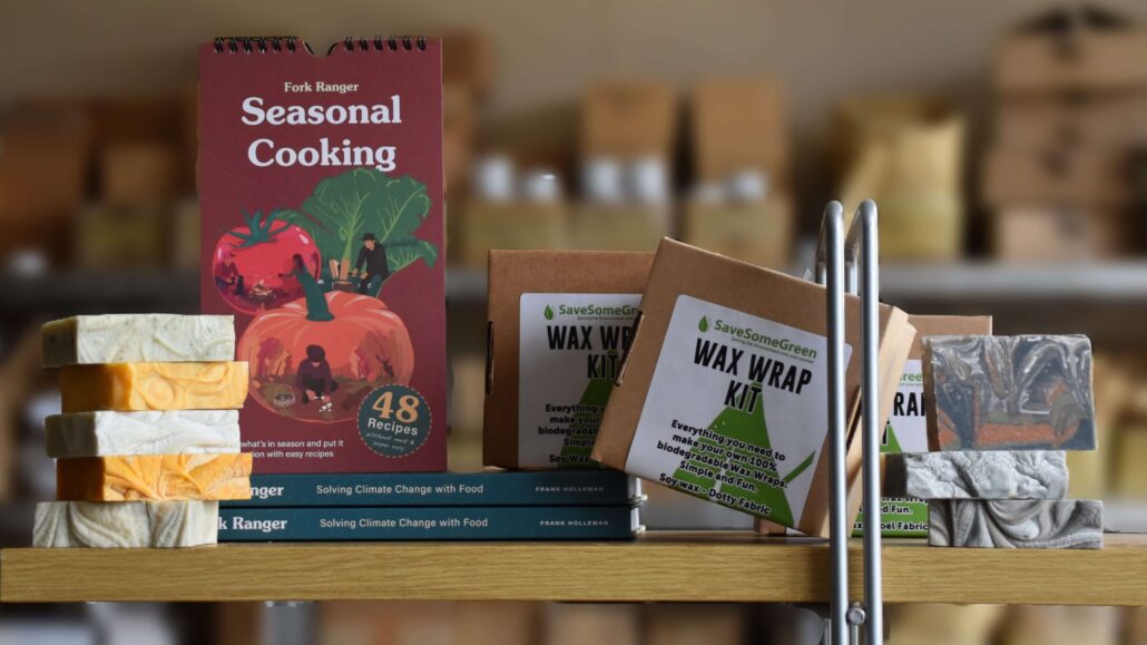 Image of a shelve with Fork Ranger books, a seasonal cooking planner, wax wrap making kits and nautral soap bars
