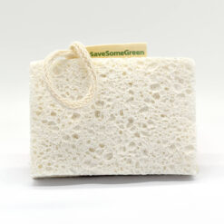 Jeremy cellulose sponge shown upright with hanging loop on a white background