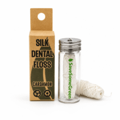 Silk cardamom dental floss in a reusable glass bottle with plastic-free box and refill spool