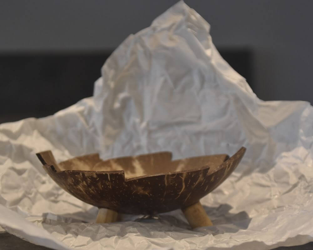 Image of a coconut soap dish, on top of its white wrapping paper